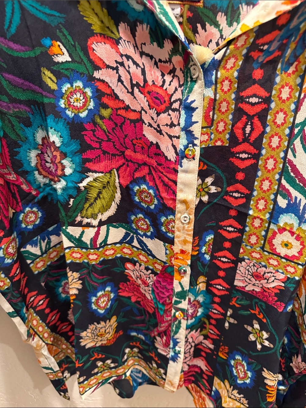 Johnny Was Multicolor Floral Patchwork Button-Down Silk Blouse - Picture 5 of 6